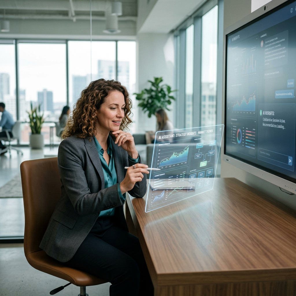 Businesswoman interacting with a holographic AI dashboard showing market trends and data charts