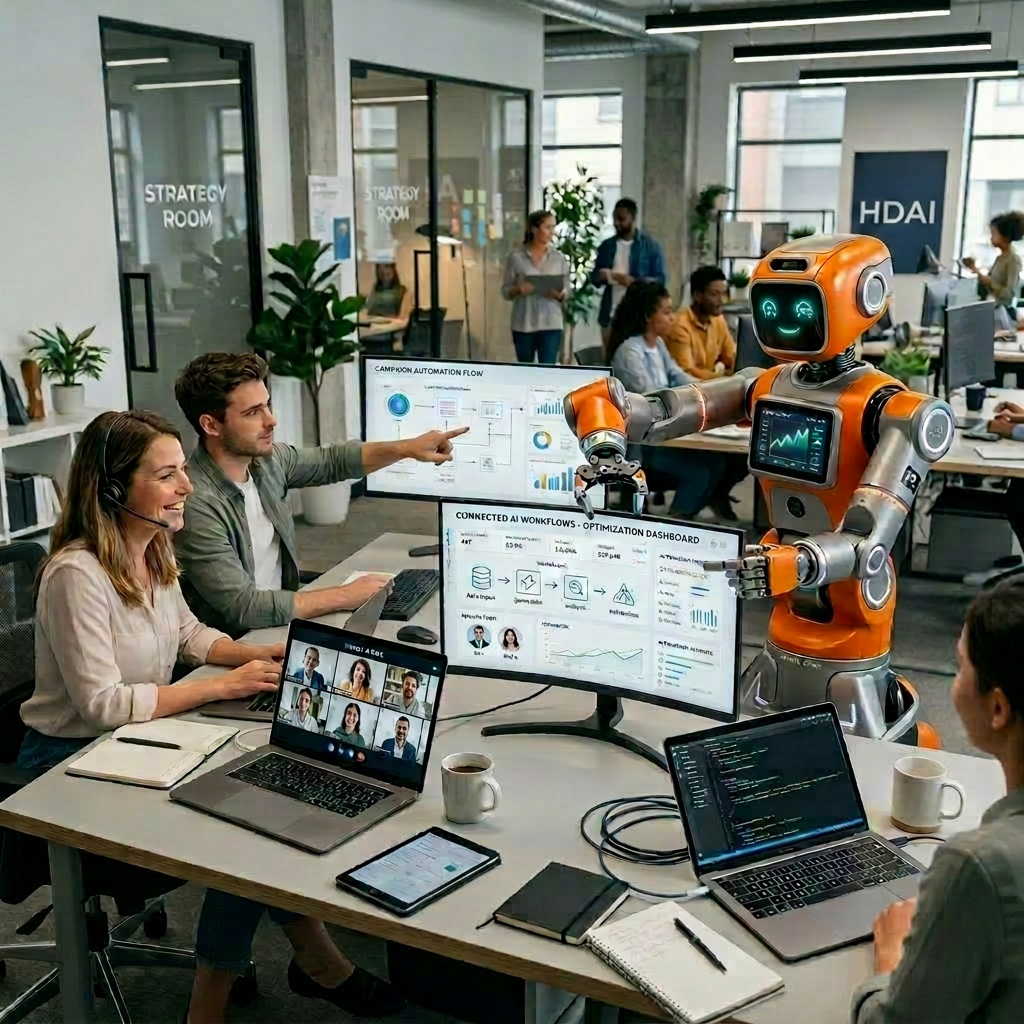 Robot and team members working on campaign automation and AI workflow optimization dashboards in an office