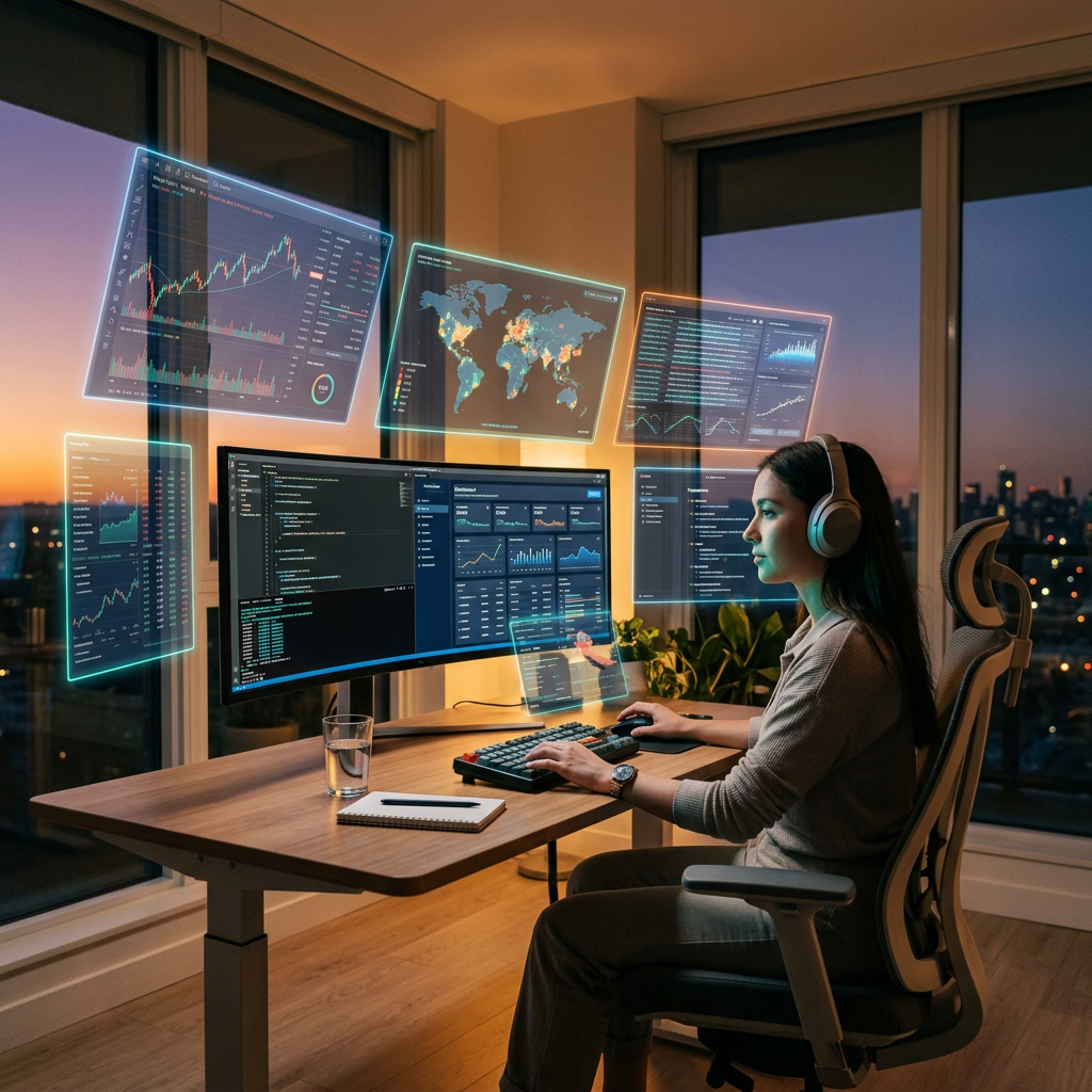 Woman using multiple virtual data visualization screens in modern workspace