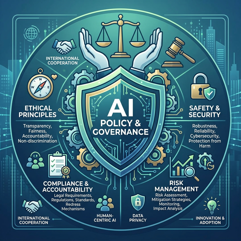 AI POLICY & GOVERNANCE; ETHICAL PRINCIPLES—Transparency, Fairness, Accountability, Non-discrimination; SAFETY & SECURITY—Robustness, Reliability, Cybersecurity, Protection from Harm; COMPLIANCE & ACCOUNTABILITY—Legal Requirements, Regulations, Standards, Redress Mechanisms; RISK MANAGEMENT—Risk Assessment, Mitigation Strategies, Monitoring, Impact Analysis; HUMAN-CENTRIC AI; DATA PRIVACY; INNOVATION & ADOPTION; INTERNATIONAL COOPERATION.